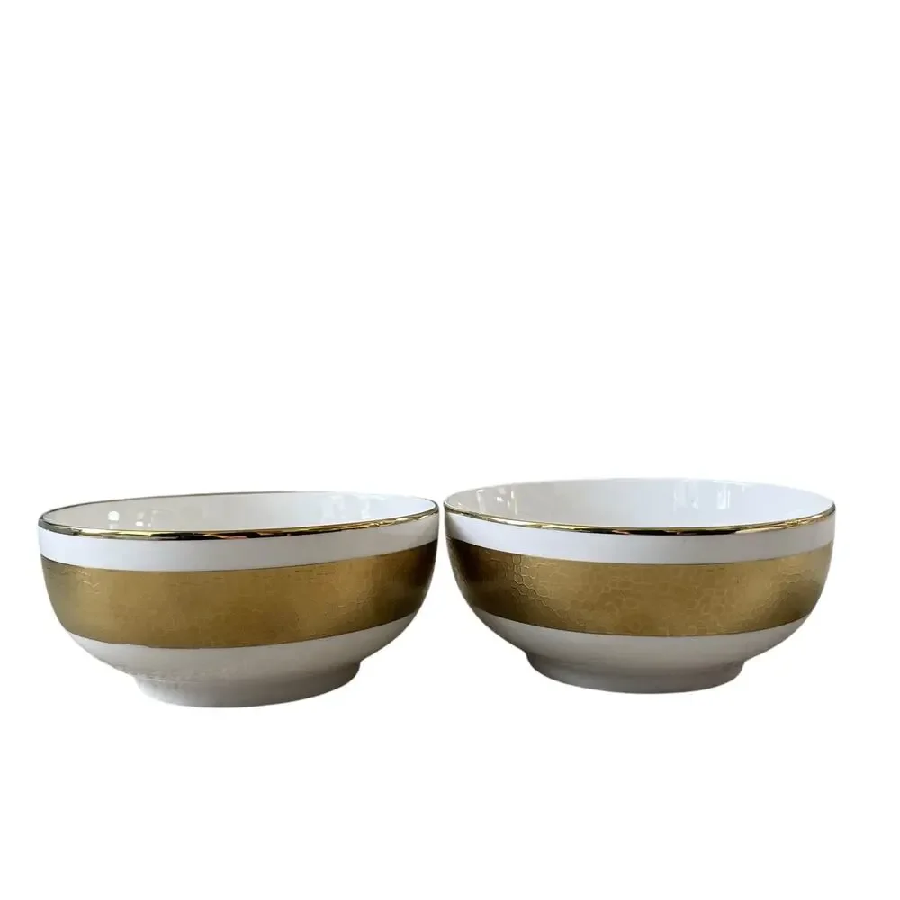 Yedi Metallic Gold Tone 6in Ceramic Bowls Set of 4 Holiday Glam White NEW